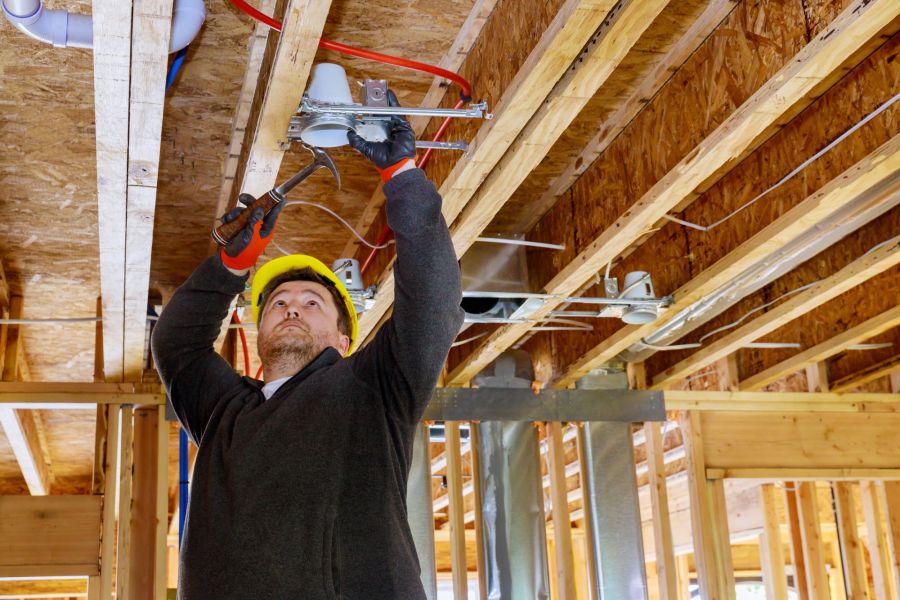 Electrician installing ceiling light fixture in a framed house during electrical construction work