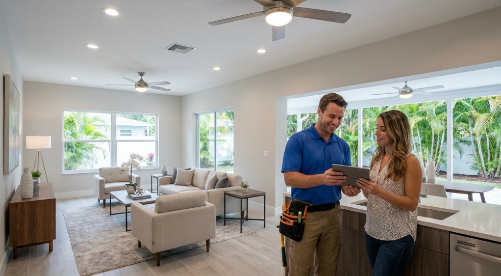Electrician reviewing home electrical work with a homeowner in a bright updated living room